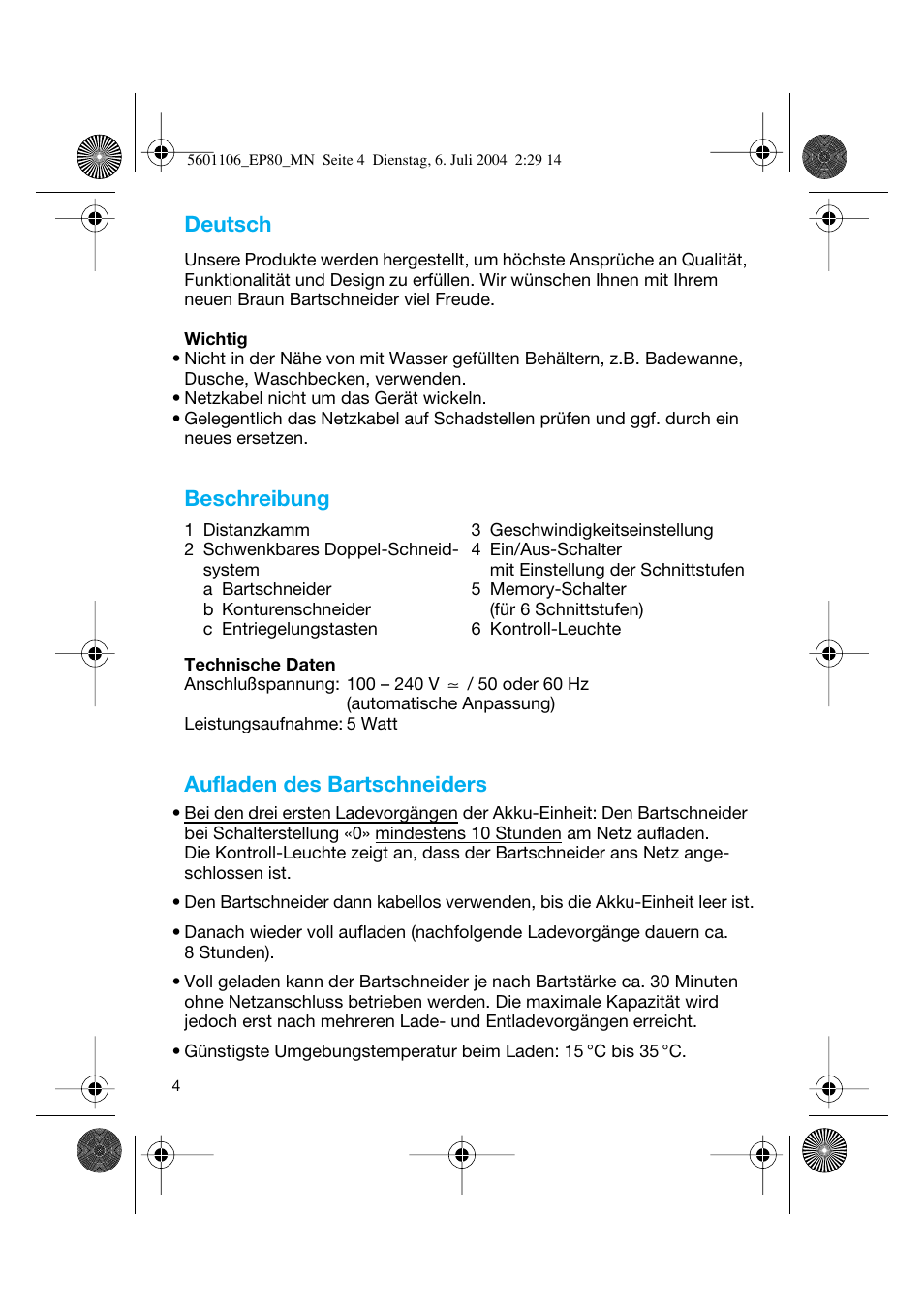 Deutsch, Beschreibung, Aufladen des bartschneiders | Braun EP80 Exact Power User Manual | Page 4 / 48