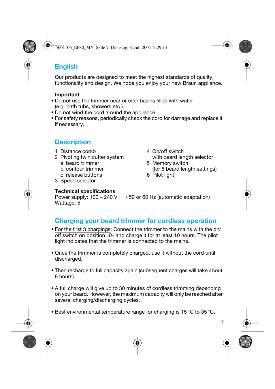 English, Description, Charging your beard trimmer for cordless operation | Braun EP80 Exact Power User Manual | Page 7 / 48