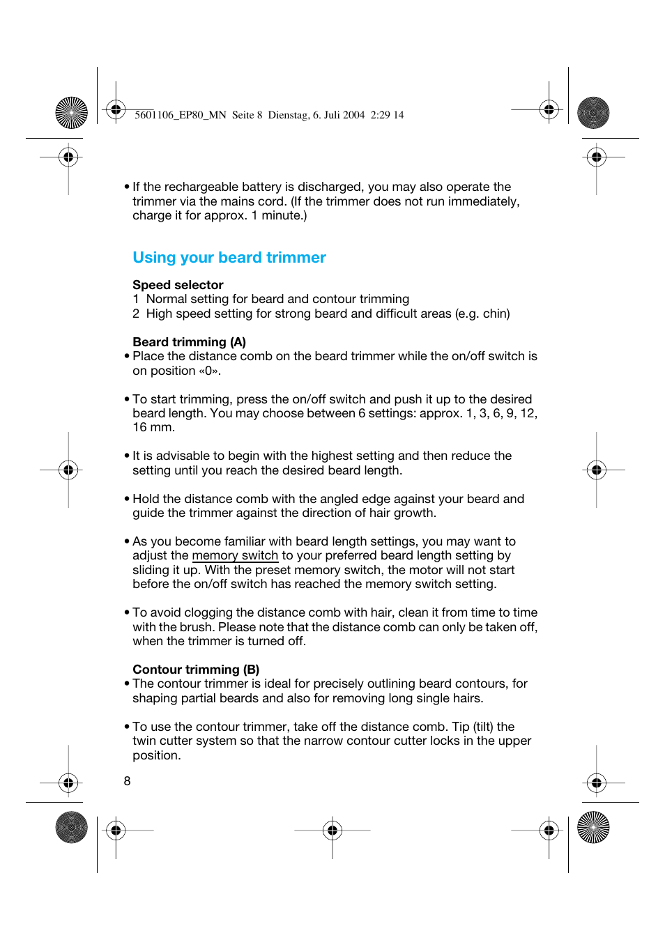 Using your beard trimmer | Braun EP80 Exact Power User Manual | Page 8 / 48