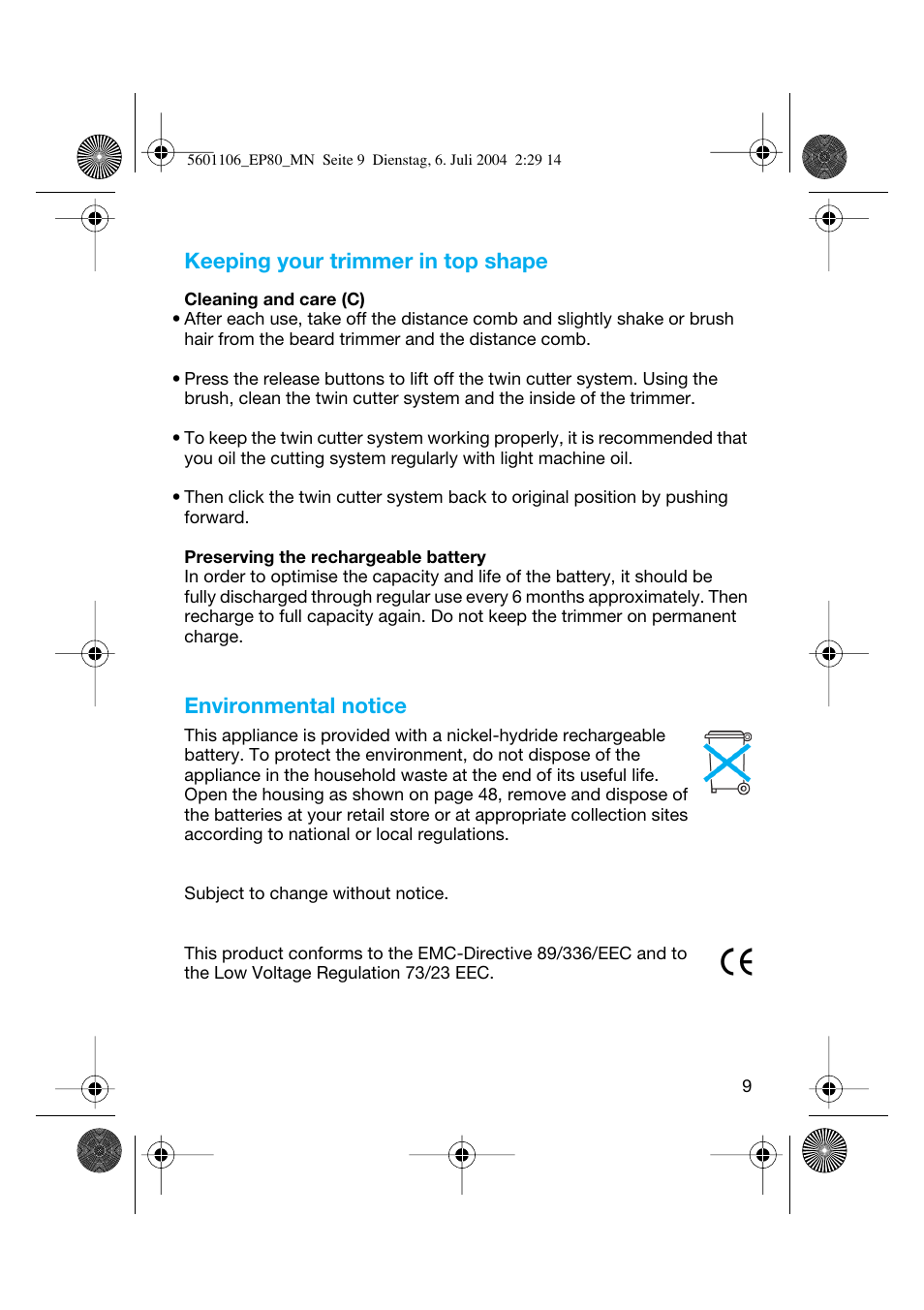 Keeping your trimmer in top shape, Environmental notice | Braun EP80 Exact Power User Manual | Page 9 / 48