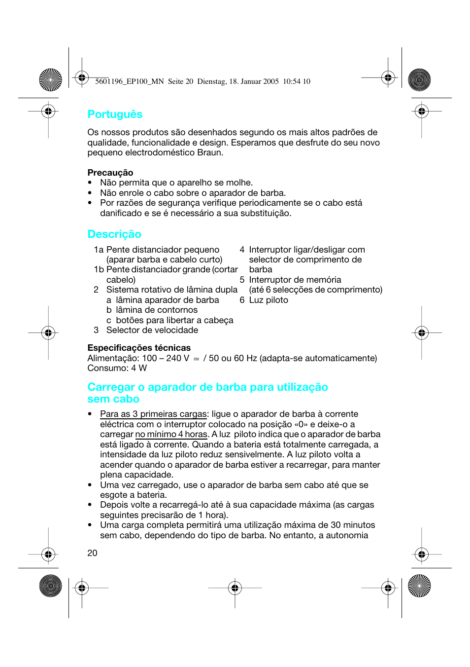 Português, Descrição | Braun EP100 Exact Power User Manual | Page 20 / 60