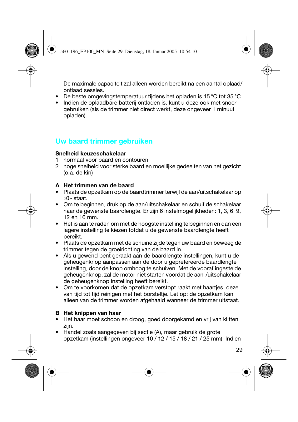 Uw baard trimmer gebruiken | Braun EP100 Exact Power User Manual | Page 29 / 60