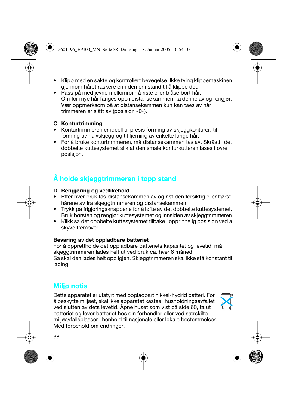 Å holde skjeggtrimmeren i topp stand, Miljø notis | Braun EP100 Exact Power User Manual | Page 38 / 60