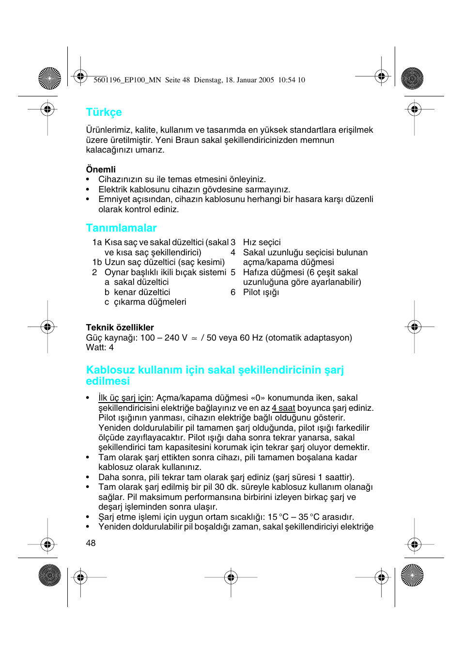 Türkçe, Tanımlamalar | Braun EP100 Exact Power User Manual | Page 48 / 60