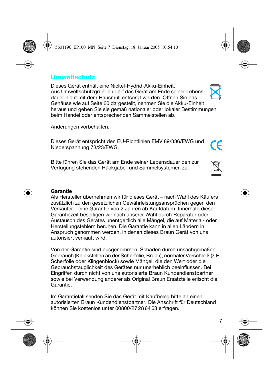 Umweltschutz | Braun EP100 Exact Power User Manual | Page 7 / 60