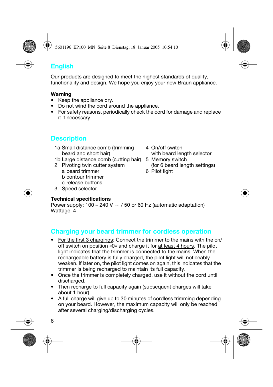 English, Description, Charging your beard trimmer for cordless operation | Braun EP100 Exact Power User Manual | Page 8 / 60