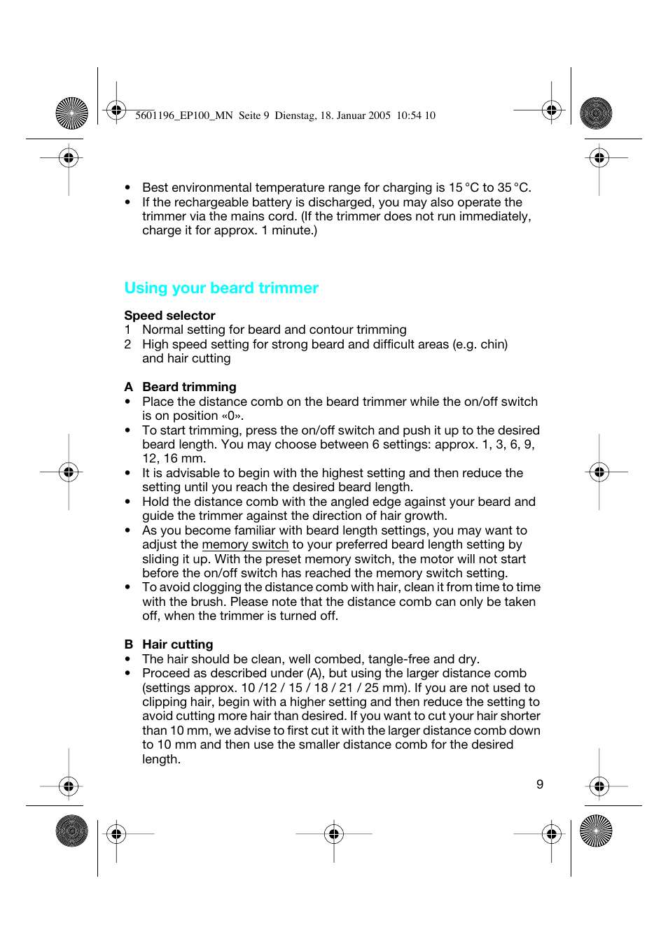 Using your beard trimmer | Braun EP100 Exact Power User Manual | Page 9 / 60