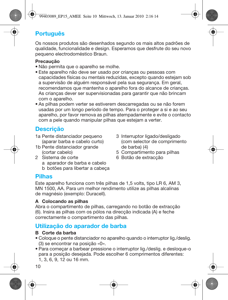 Português, Descrição pilhas, Utilização do aparador de barba | Braun EP15 Exact Power battery User Manual | Page 10 / 40