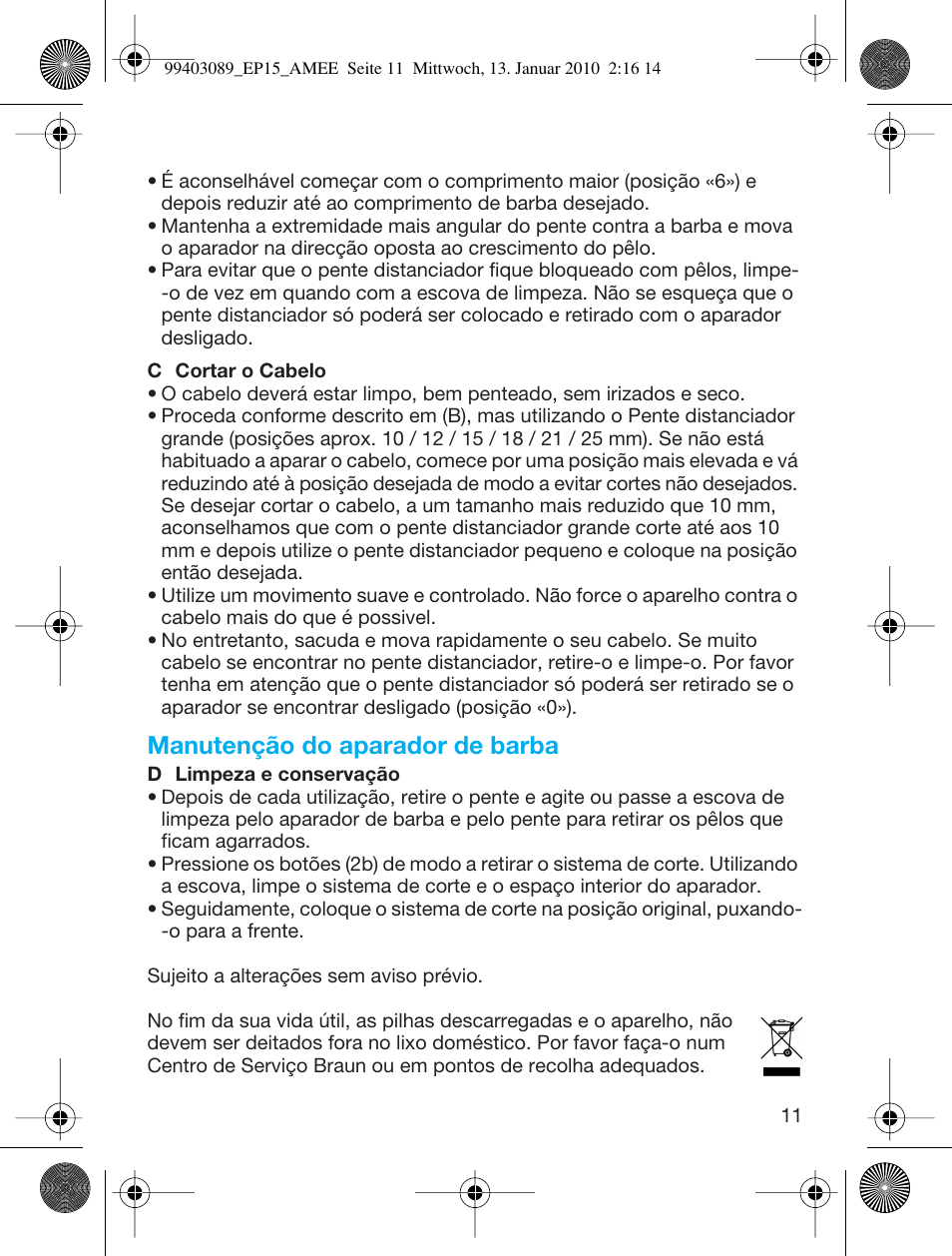 Manutenção do aparador de barba | Braun EP15 Exact Power battery User Manual | Page 11 / 40