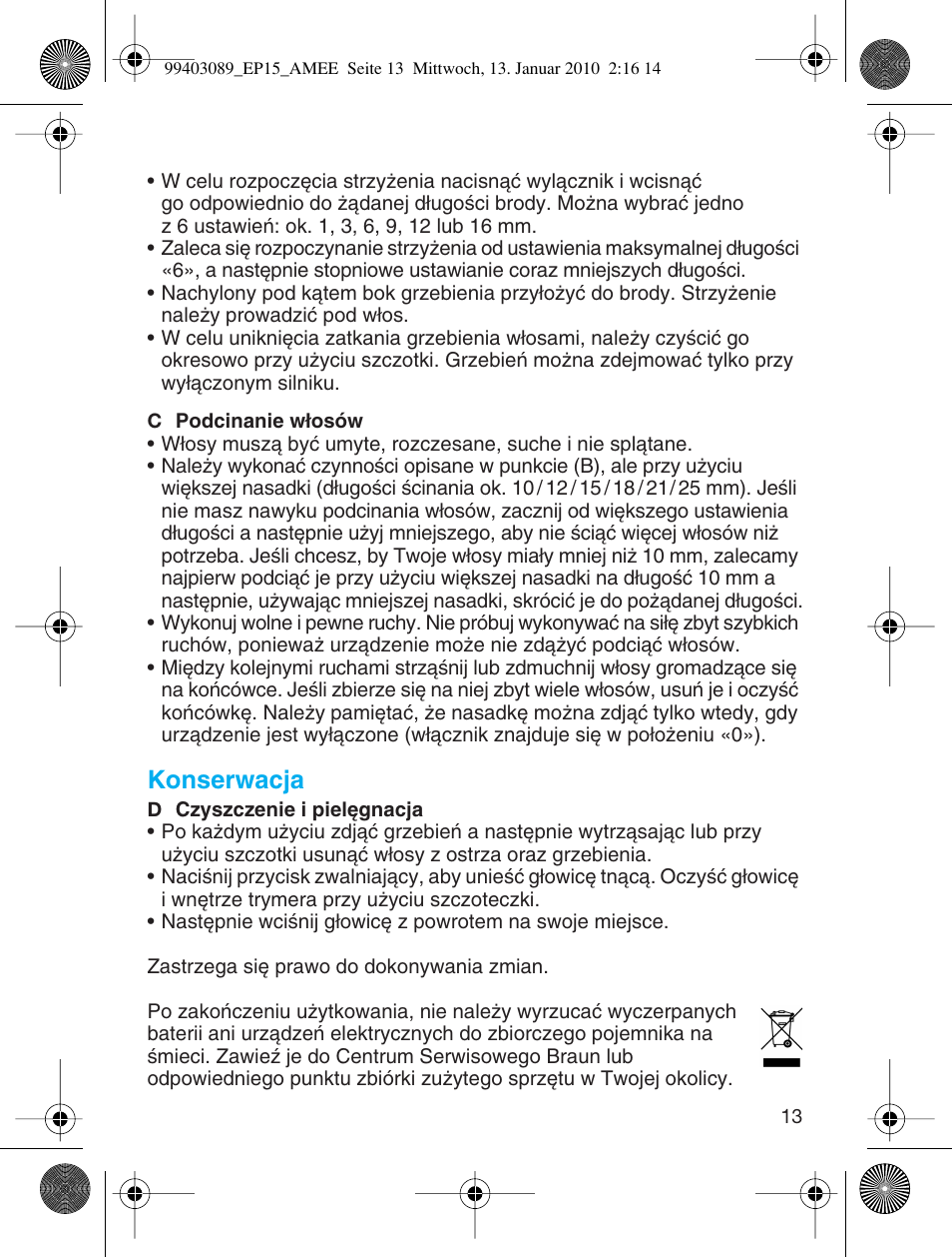 Konserwacja | Braun EP15 Exact Power battery User Manual | Page 13 / 40