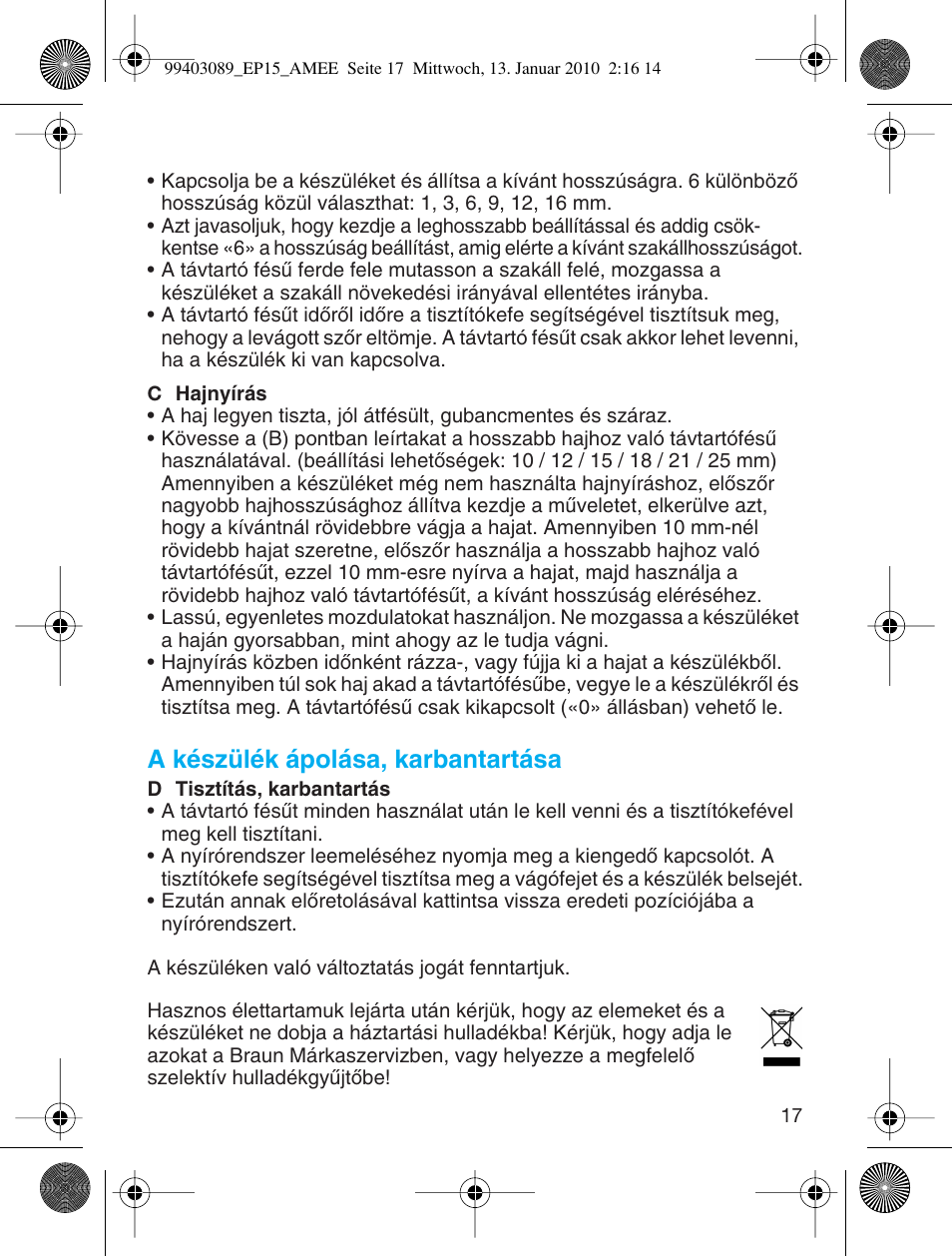 A készülék ápolása, karbantartása | Braun EP15 Exact Power battery User Manual | Page 17 / 40