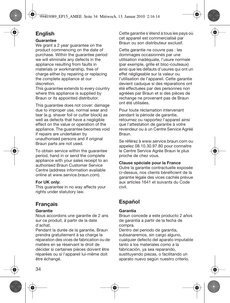 English, Français, Español | Braun EP15 Exact Power battery User Manual | Page 34 / 40