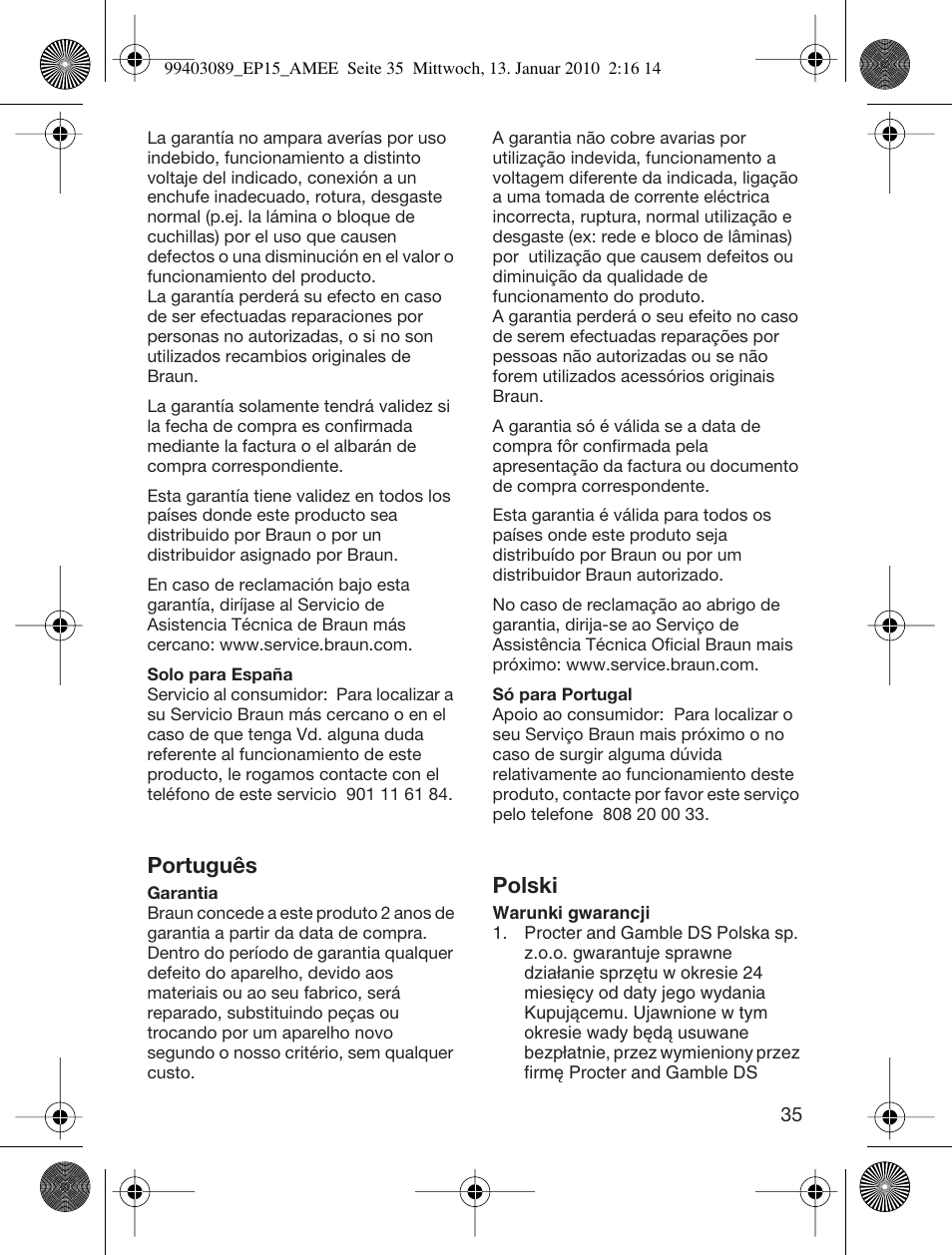 Português, Polski | Braun EP15 Exact Power battery User Manual | Page 35 / 40