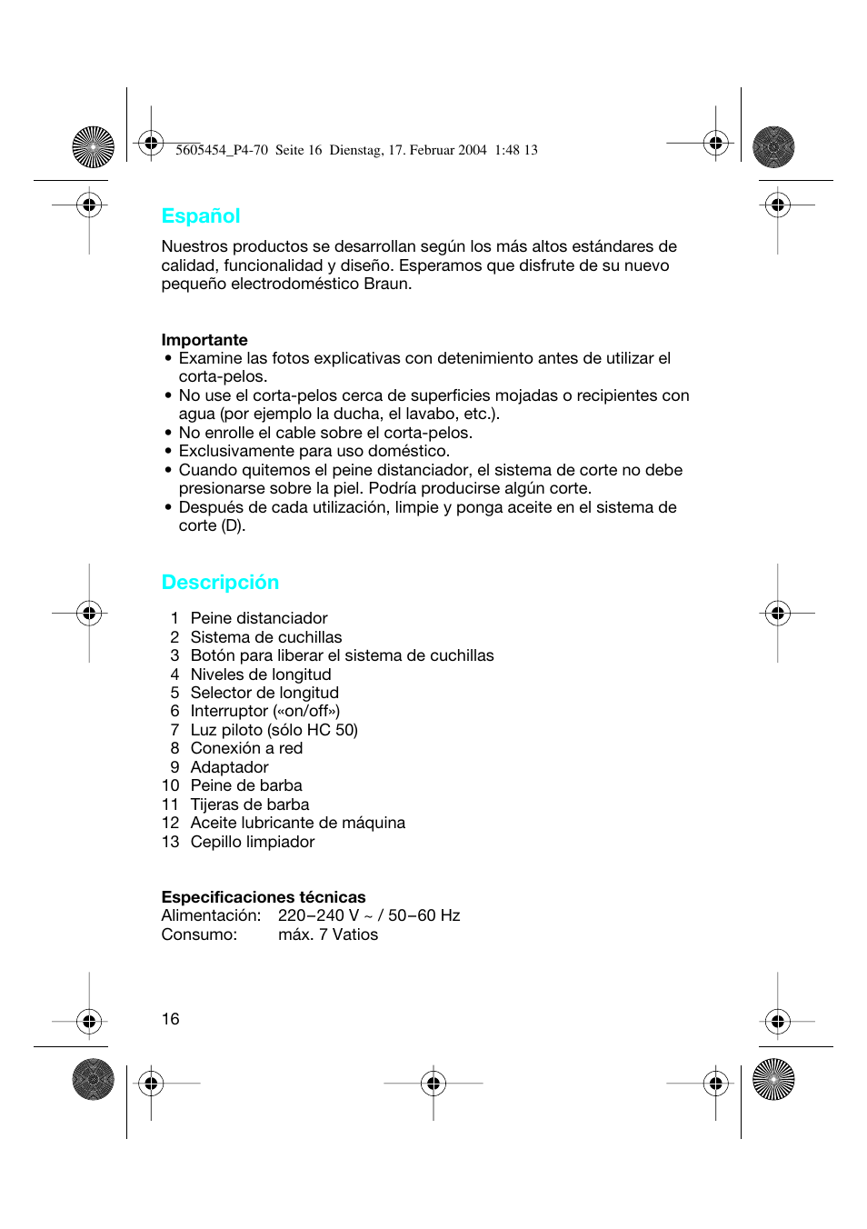 Español, Descripción | Braun HC50 Hair Perfect User Manual | Page 16 / 70