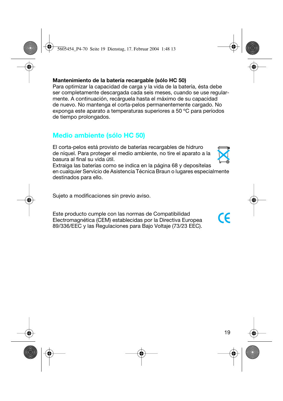 Medio ambiente (sólo hc 50) | Braun HC50 Hair Perfect User Manual | Page 19 / 70