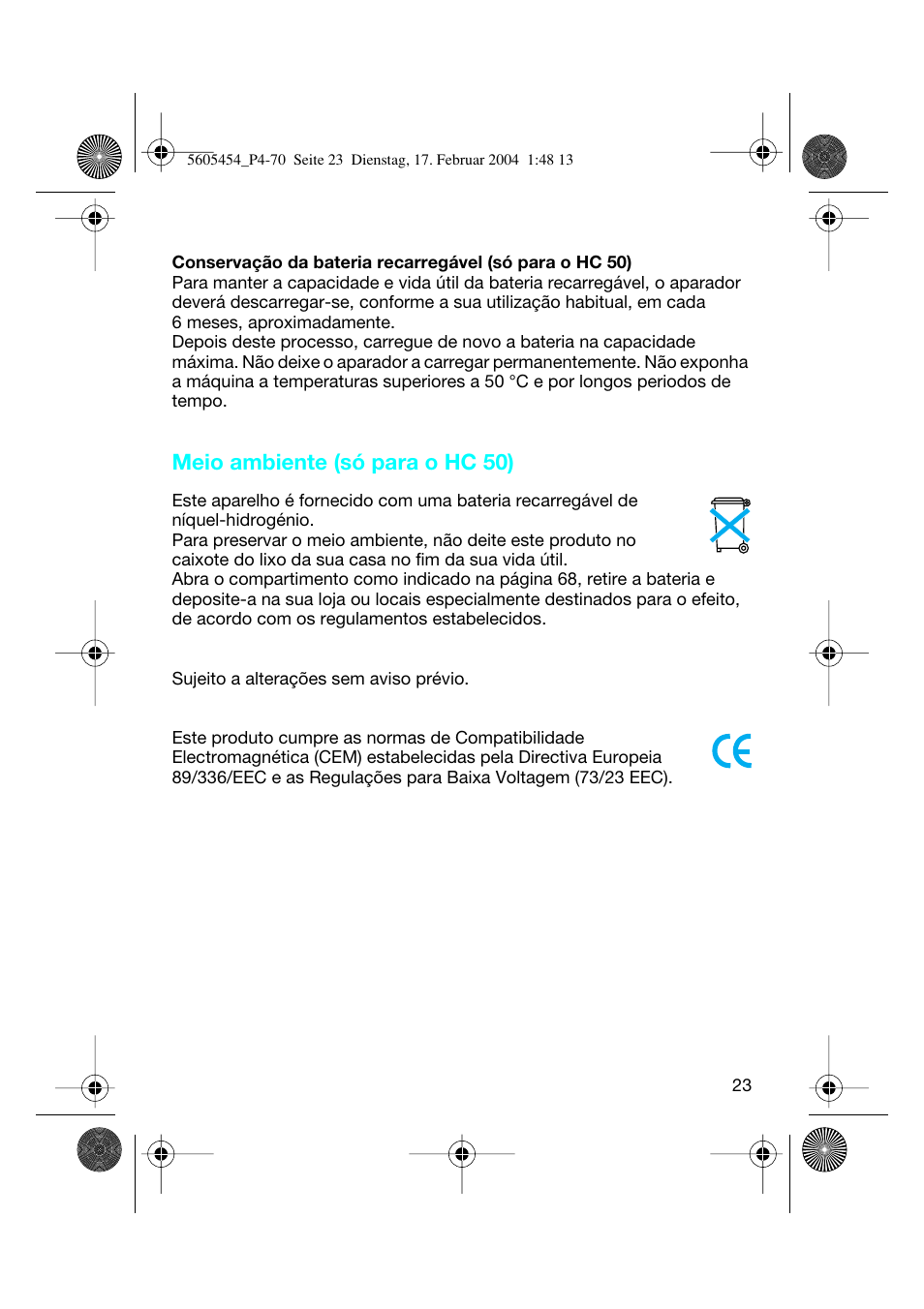 Meio ambiente (só para o hc 50) | Braun HC50 Hair Perfect User Manual | Page 23 / 70