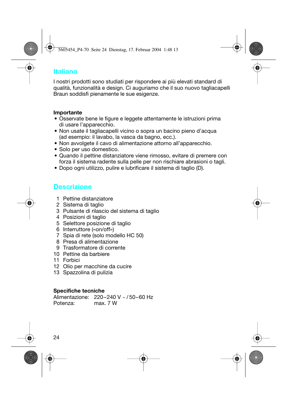 Italiano, Descrizione | Braun HC50 Hair Perfect User Manual | Page 24 / 70