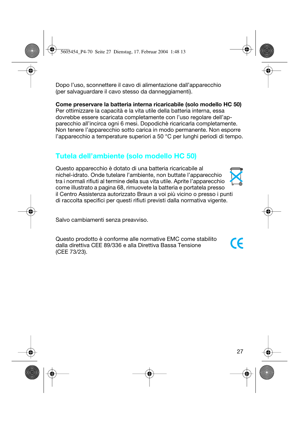 Tutela dell’ambiente (solo modello hc 50) | Braun HC50 Hair Perfect User Manual | Page 27 / 70