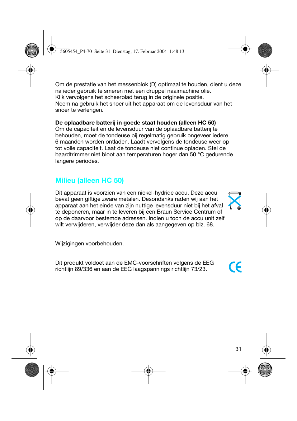 Milieu (alleen hc 50) | Braun HC50 Hair Perfect User Manual | Page 31 / 70