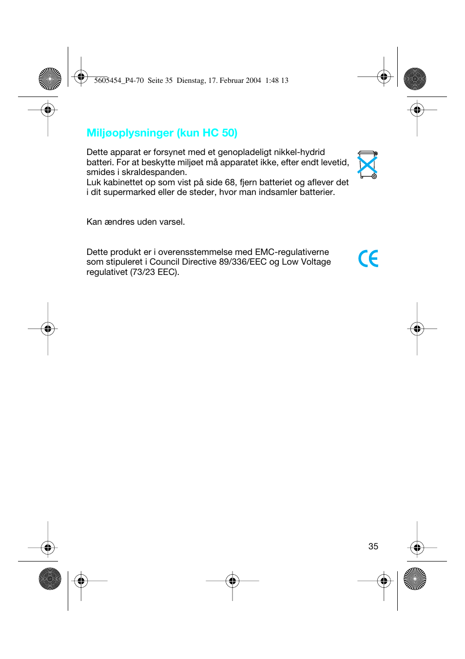 Miljøoplysninger (kun hc 50) | Braun HC50 Hair Perfect User Manual | Page 35 / 70