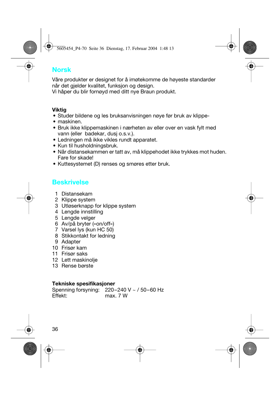 Norsk, Beskrivelse | Braun HC50 Hair Perfect User Manual | Page 36 / 70