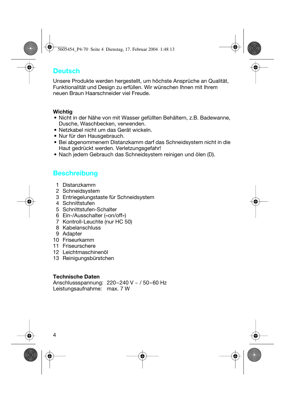 Beschreibung, Deutsch | Braun HC50 Hair Perfect User Manual | Page 4 / 70