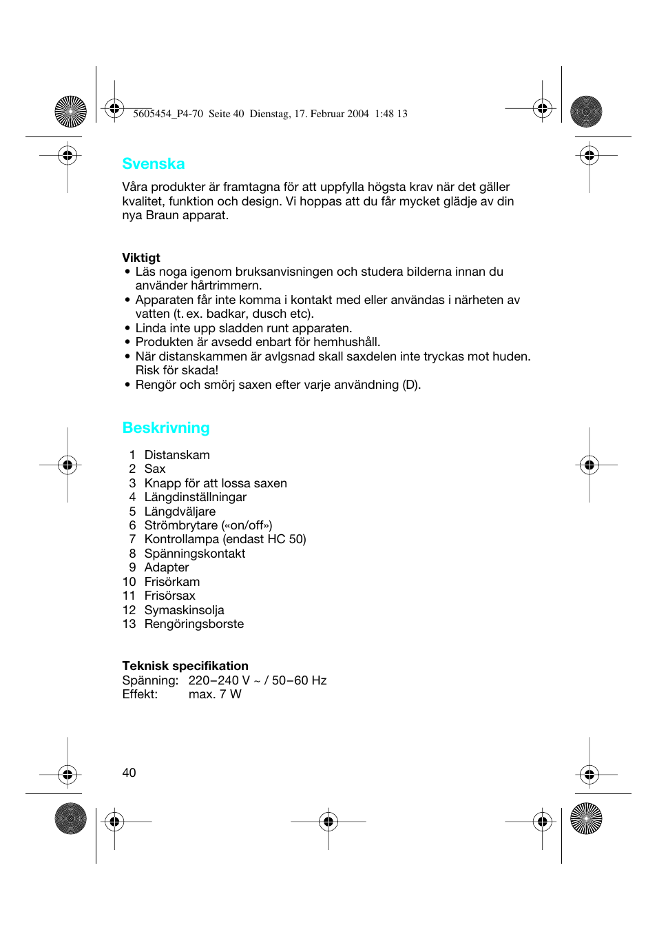 Svenska, Beskrivning | Braun HC50 Hair Perfect User Manual | Page 40 / 70