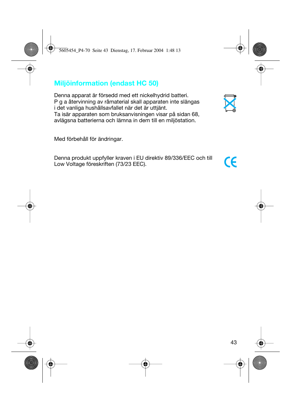 Miljöinformation (endast hc 50) | Braun HC50 Hair Perfect User Manual | Page 43 / 70