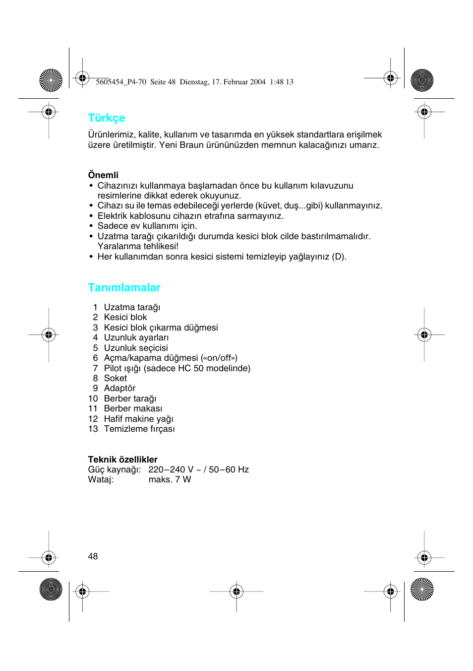 Türkçe, Tanımlamalar | Braun HC50 Hair Perfect User Manual | Page 48 / 70