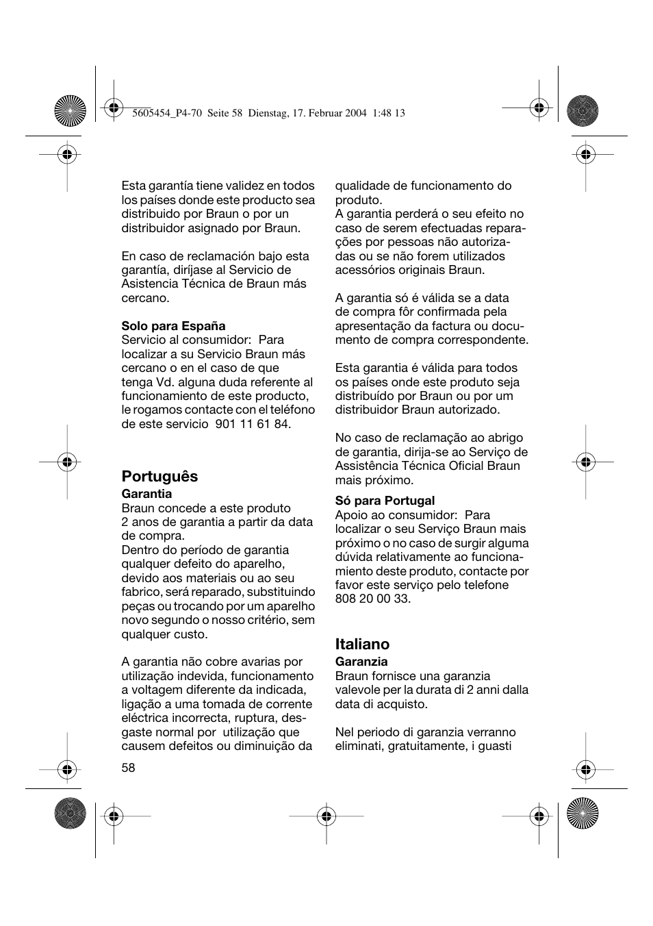 Português, Italiano | Braun HC50 Hair Perfect User Manual | Page 58 / 70