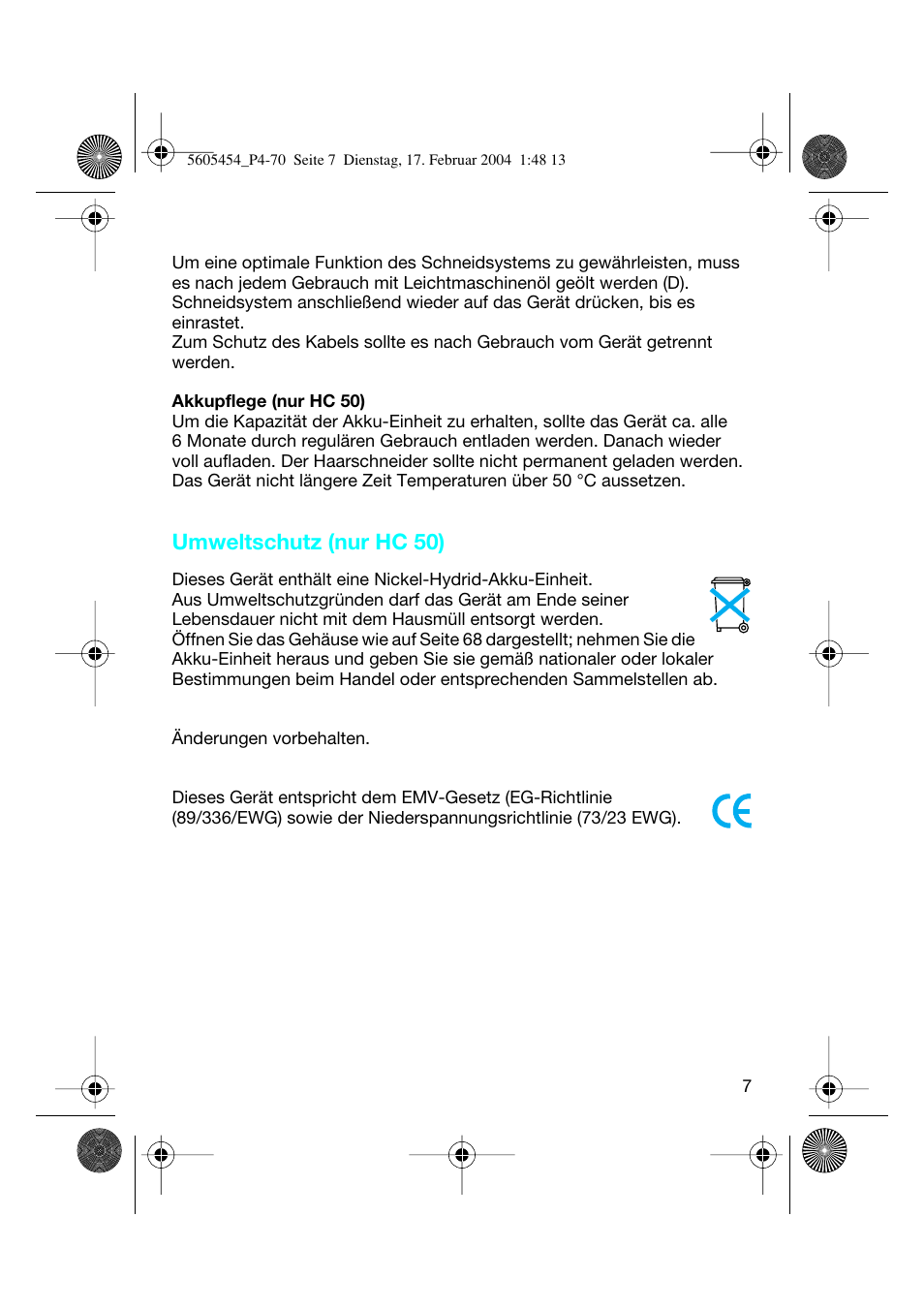 Umweltschutz (nur hc 50) | Braun HC50 Hair Perfect User Manual | Page 7 / 70