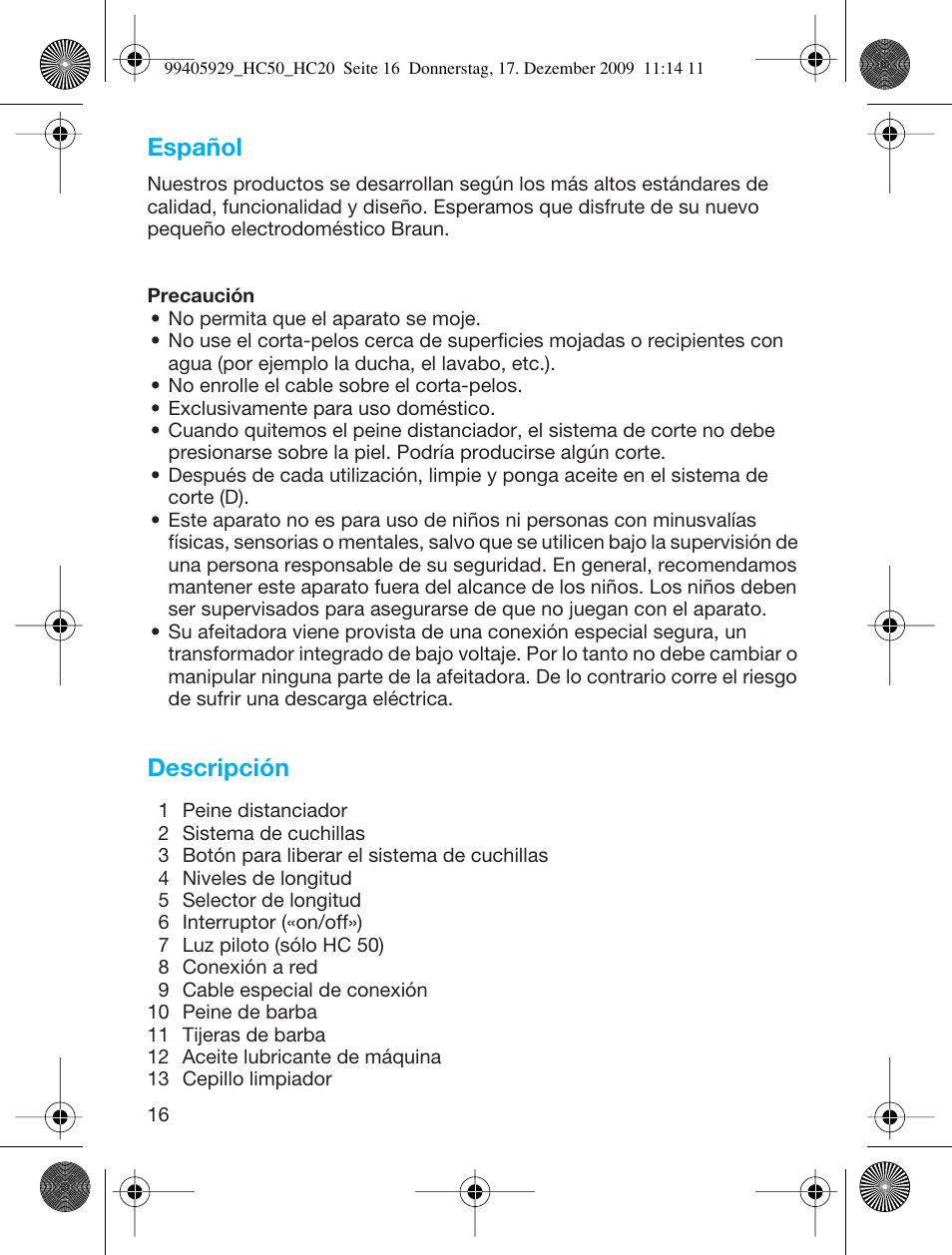 Español, Descripción | Braun HC50 Hair Clipper Hair Perfect User Manual | Page 16 / 62