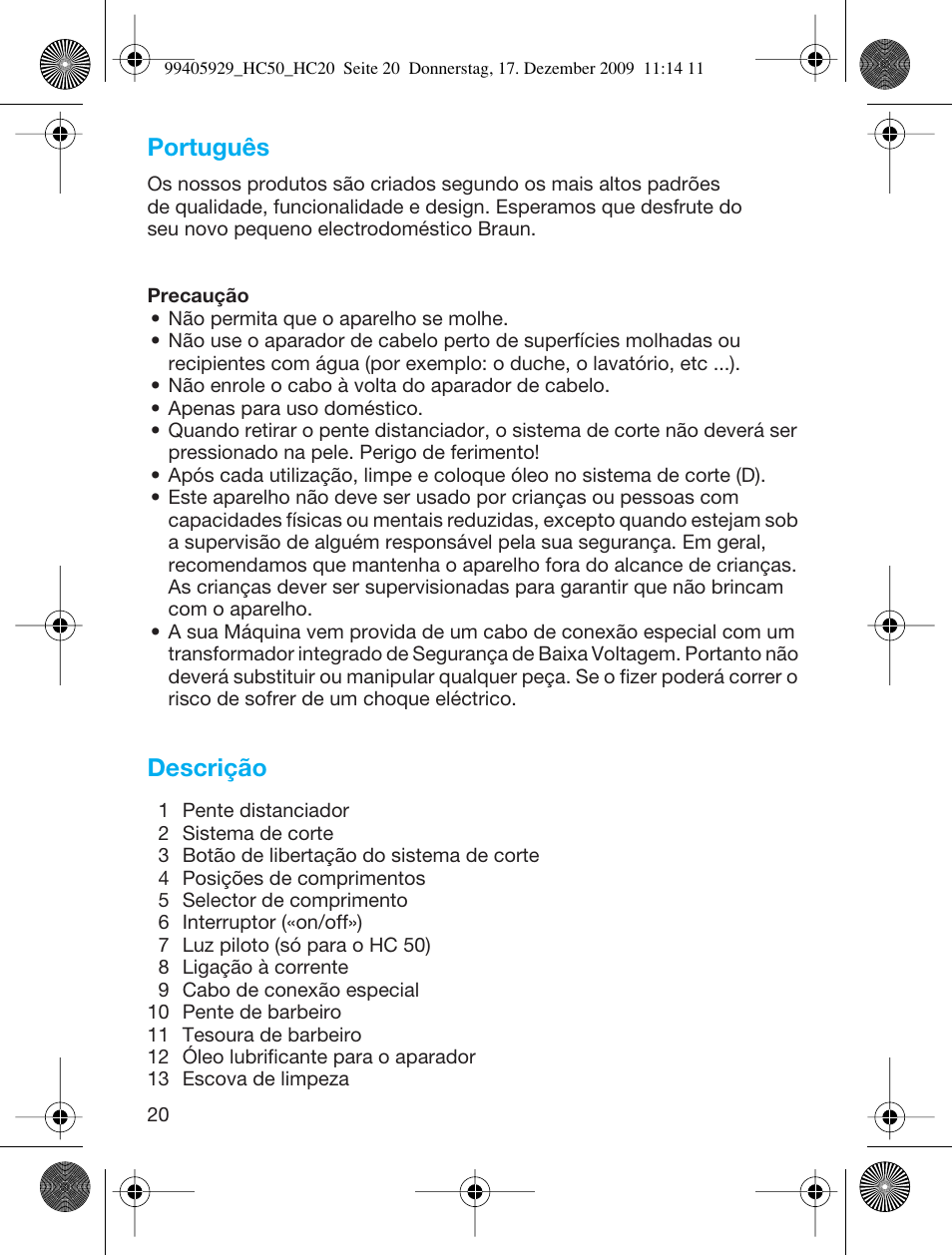 Português, Descrição | Braun HC50 Hair Clipper Hair Perfect User Manual | Page 20 / 62