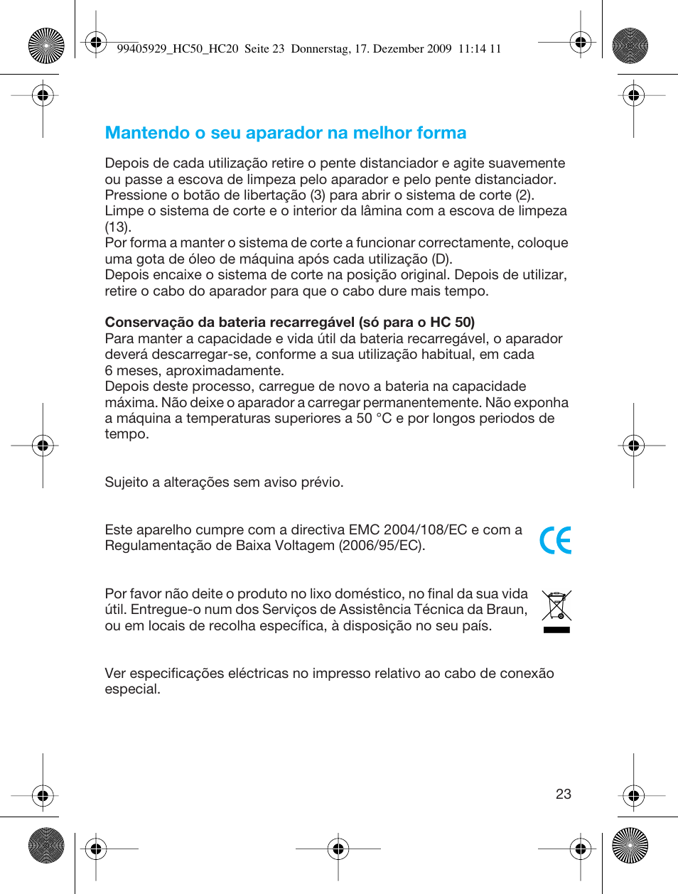 Mantendo o seu aparador na melhor forma | Braun HC50 Hair Clipper Hair Perfect User Manual | Page 23 / 62