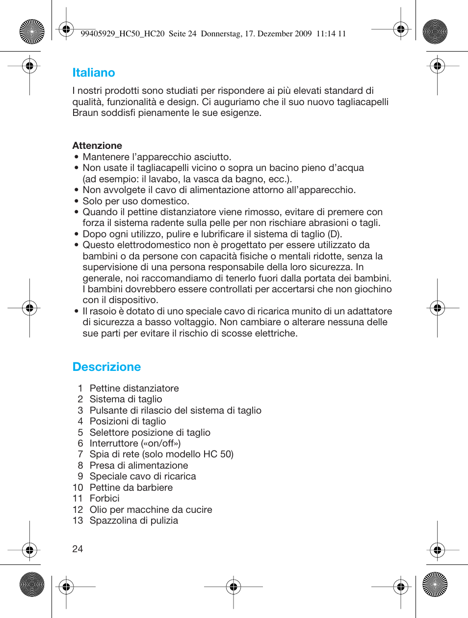 Italiano, Descrizione | Braun HC50 Hair Clipper Hair Perfect User Manual | Page 24 / 62