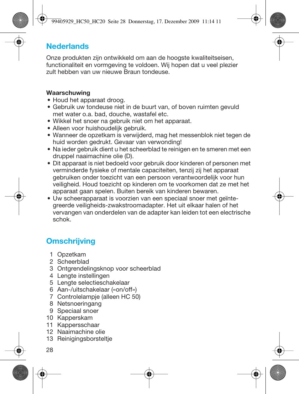 Nederlands, Omschrijving | Braun HC50 Hair Clipper Hair Perfect User Manual | Page 28 / 62