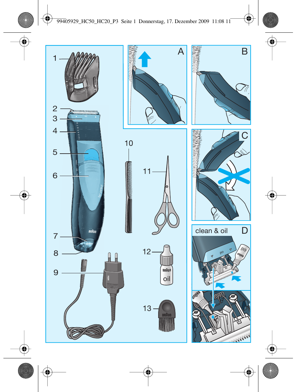 Ab c, Clean & oil | Braun HC50 Hair Clipper Hair Perfect User Manual | Page 3 / 62