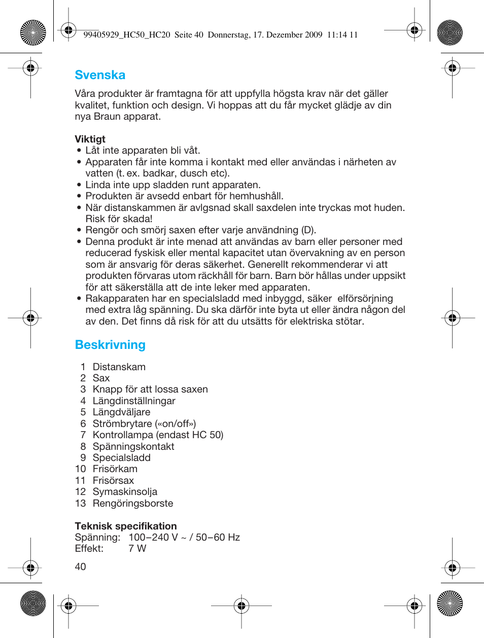 Svenska, Beskrivning | Braun HC50 Hair Clipper Hair Perfect User Manual | Page 40 / 62