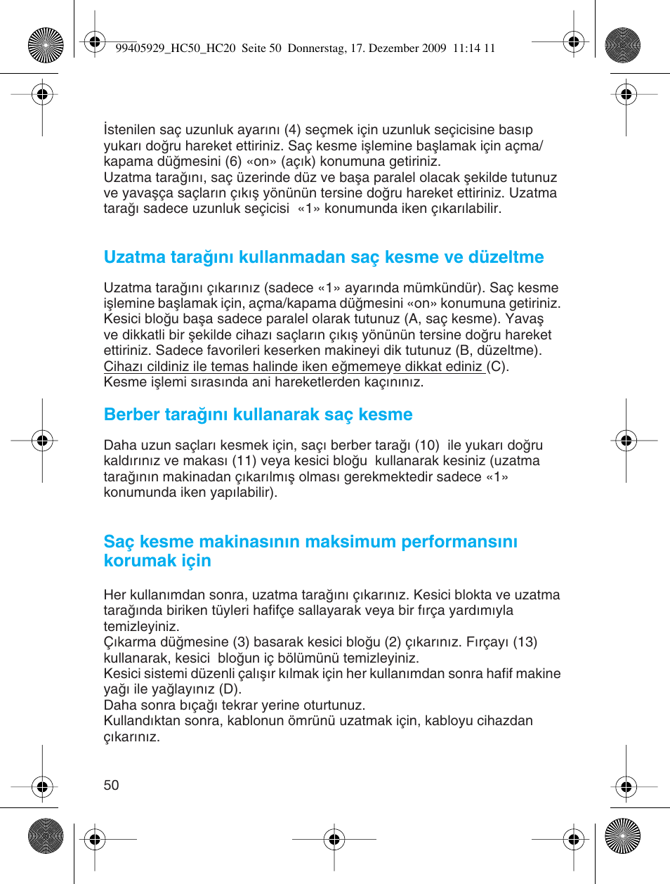 Uzatma taraπ∂n∂ kullanmadan saç kesme ve düzeltme, Berber taraπını kullanarak saç kesme | Braun HC50 Hair Clipper Hair Perfect User Manual | Page 50 / 62