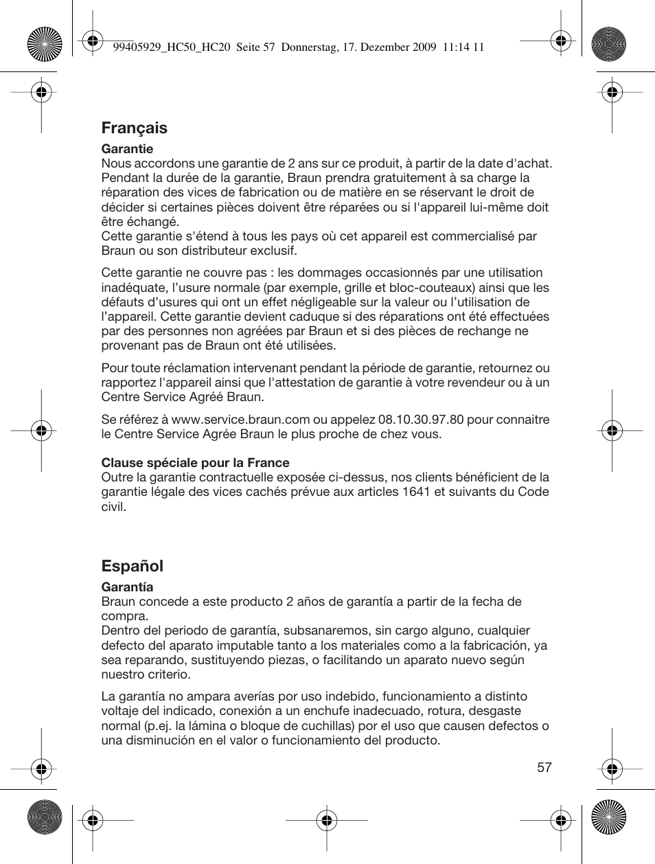 Français, Español | Braun HC50 Hair Clipper Hair Perfect User Manual | Page 57 / 62