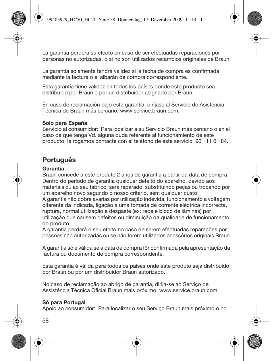 Português | Braun HC50 Hair Clipper Hair Perfect User Manual | Page 58 / 62