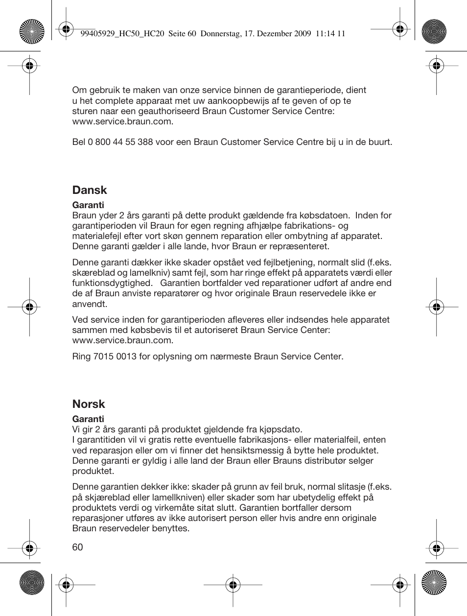 Dansk, Norsk | Braun HC50 Hair Clipper Hair Perfect User Manual | Page 60 / 62