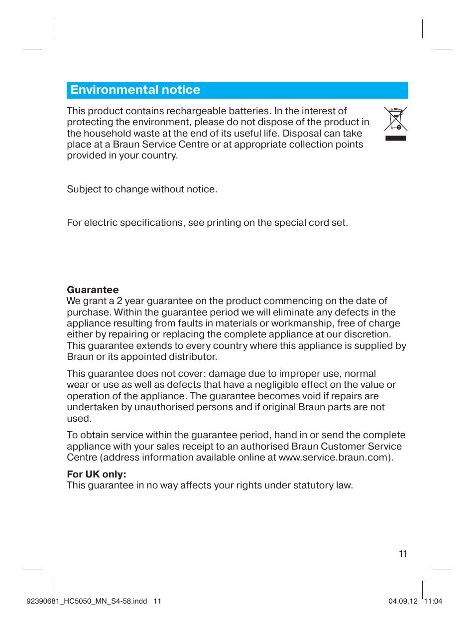 Environmental notice | Braun HC3050 Hair Clipper, Series 3, Series 5 User Manual | Page 11 / 55