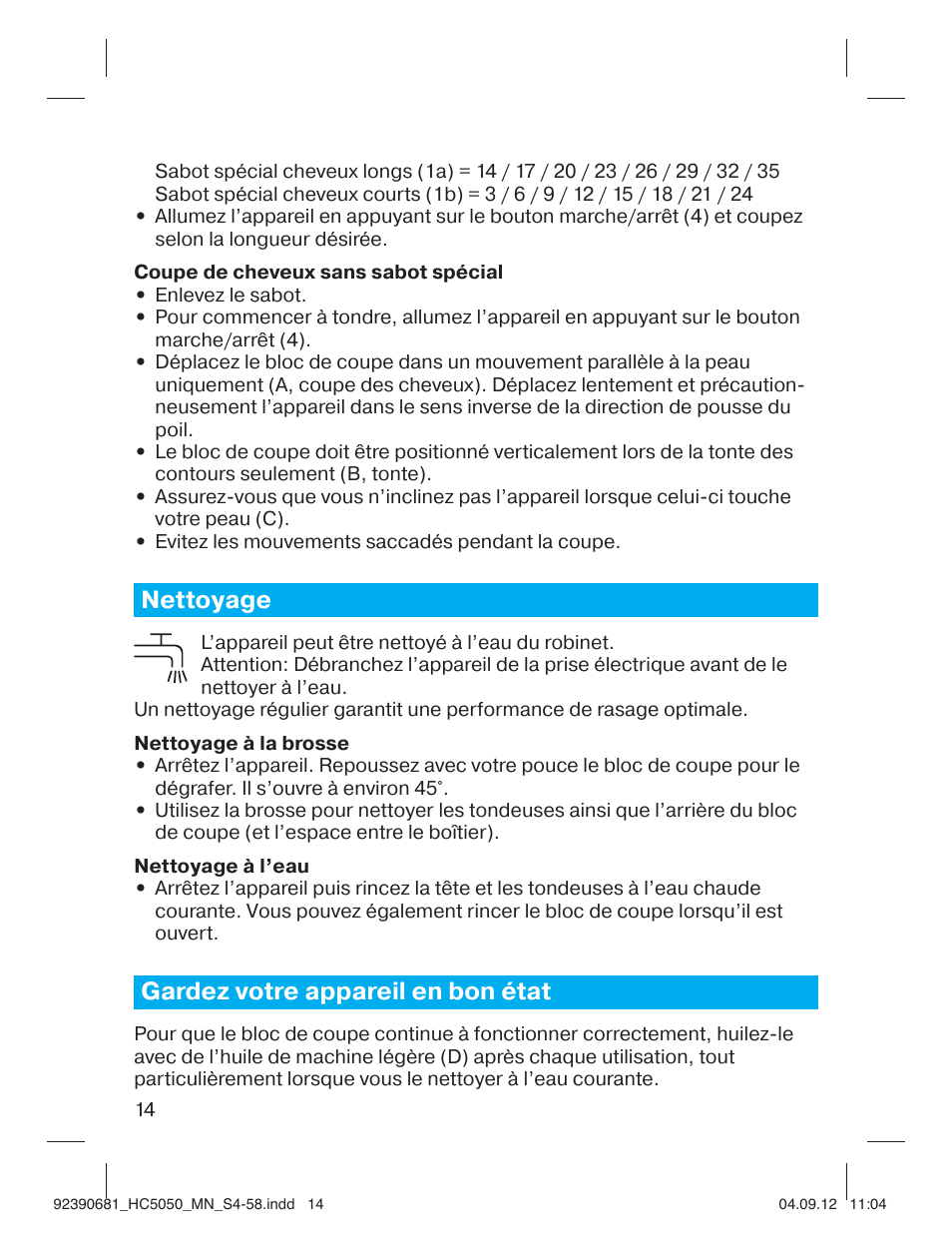 Nettoyage, Gardez votre appareil en bon état | Braun HC3050 Hair Clipper, Series 3, Series 5 User Manual | Page 14 / 55