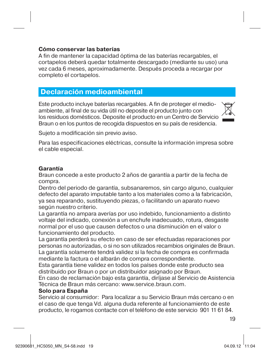 Declaración medioambiental | Braun HC3050 Hair Clipper, Series 3, Series 5 User Manual | Page 19 / 55