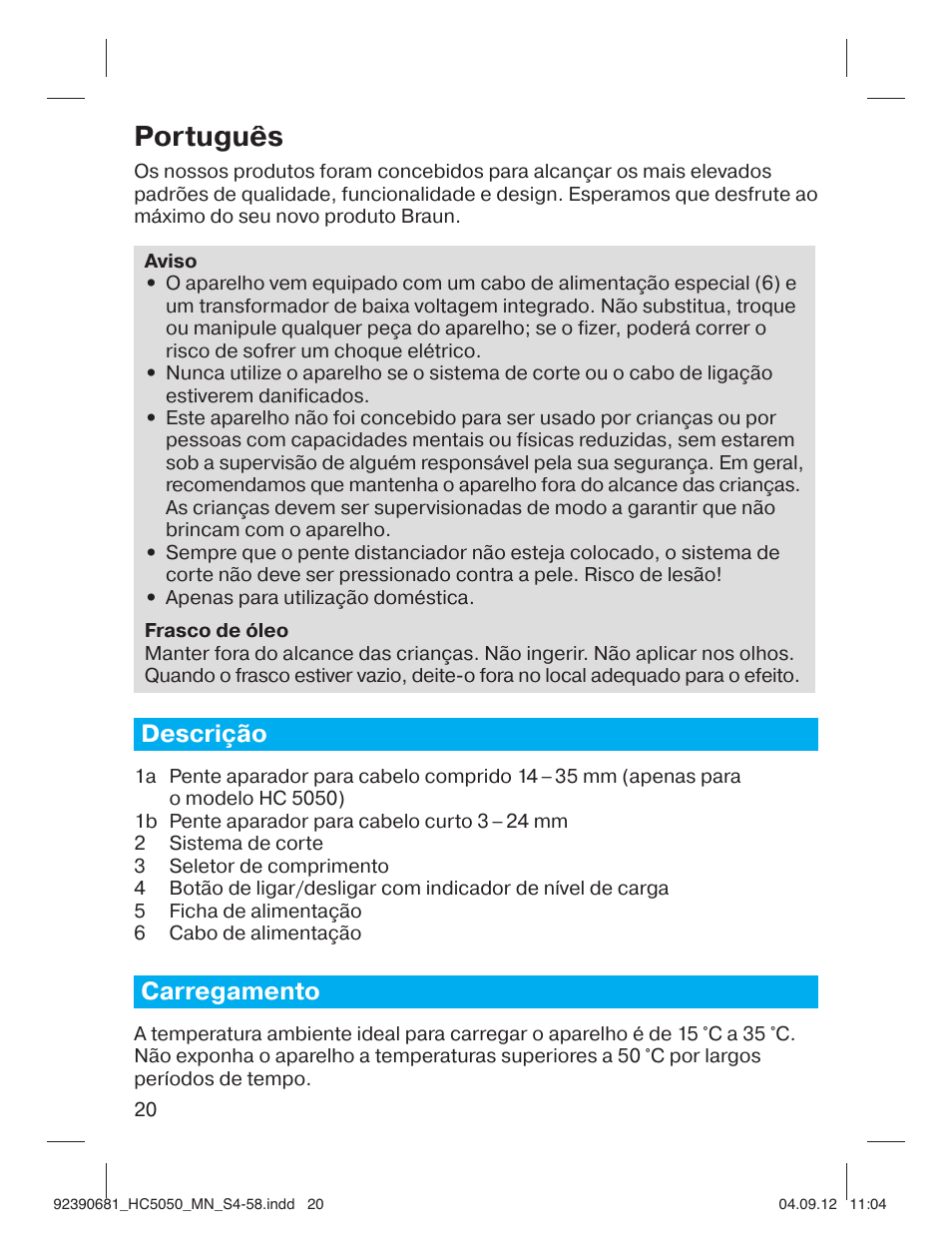 Português, Descrição, Carregamento | Braun HC3050 Hair Clipper, Series 3, Series 5 User Manual | Page 20 / 55