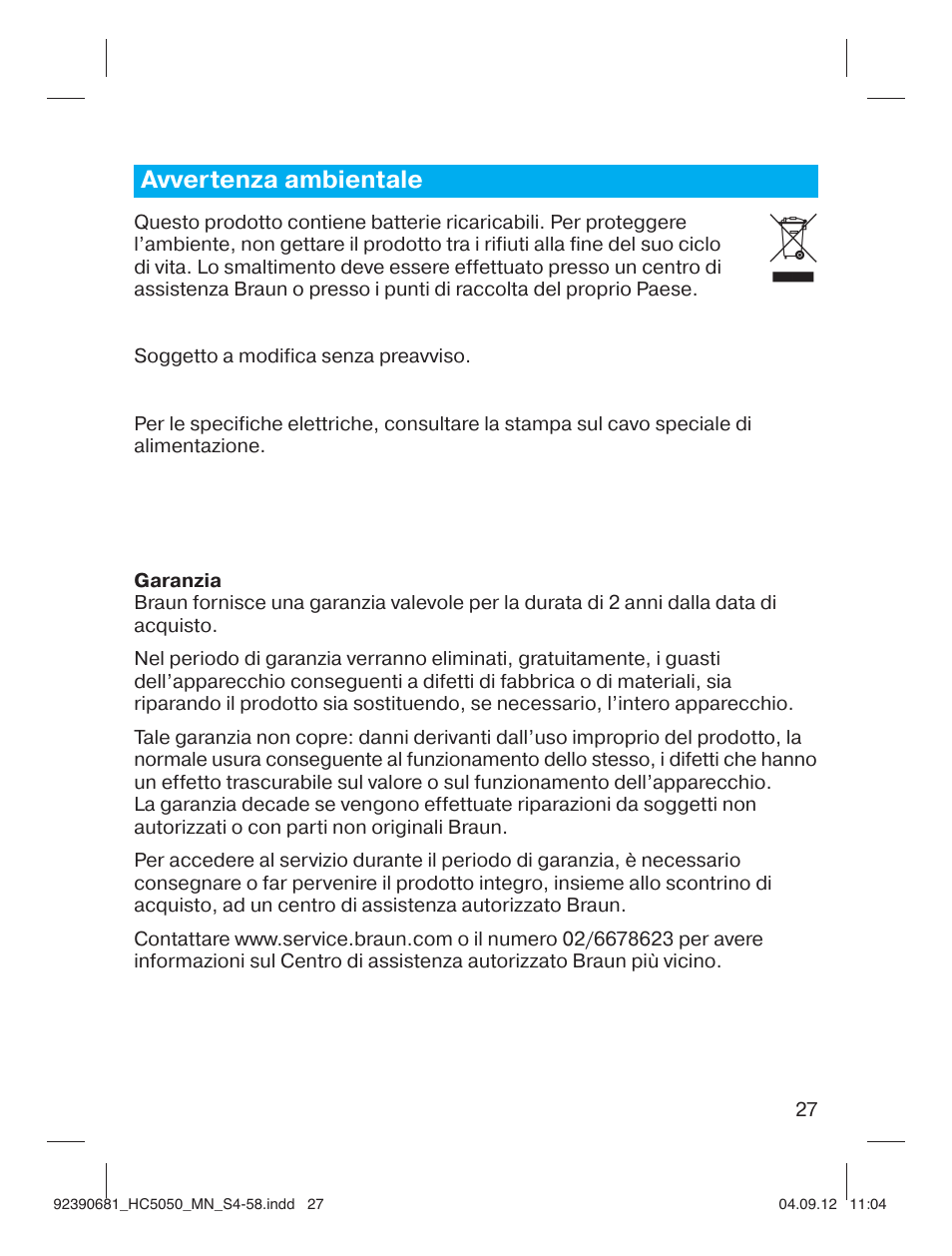 Avvertenza ambientale | Braun HC3050 Hair Clipper, Series 3, Series 5 User Manual | Page 27 / 55