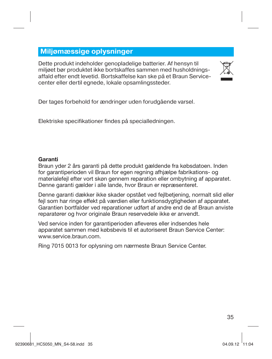 Miljømæssige oplysninger | Braun HC3050 Hair Clipper, Series 3, Series 5 User Manual | Page 35 / 55