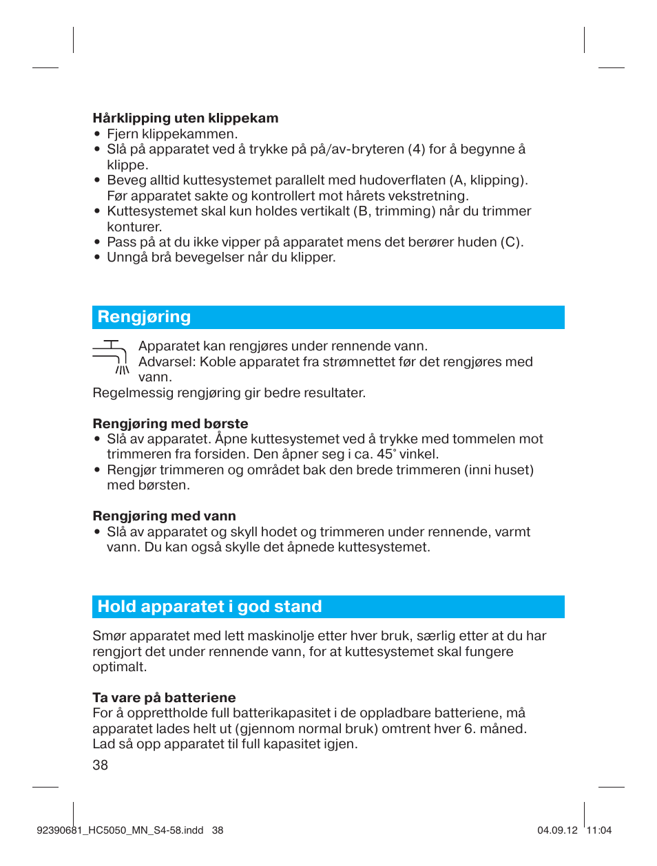 Rengjøring, Hold apparatet i god stand | Braun HC3050 Hair Clipper, Series 3, Series 5 User Manual | Page 38 / 55