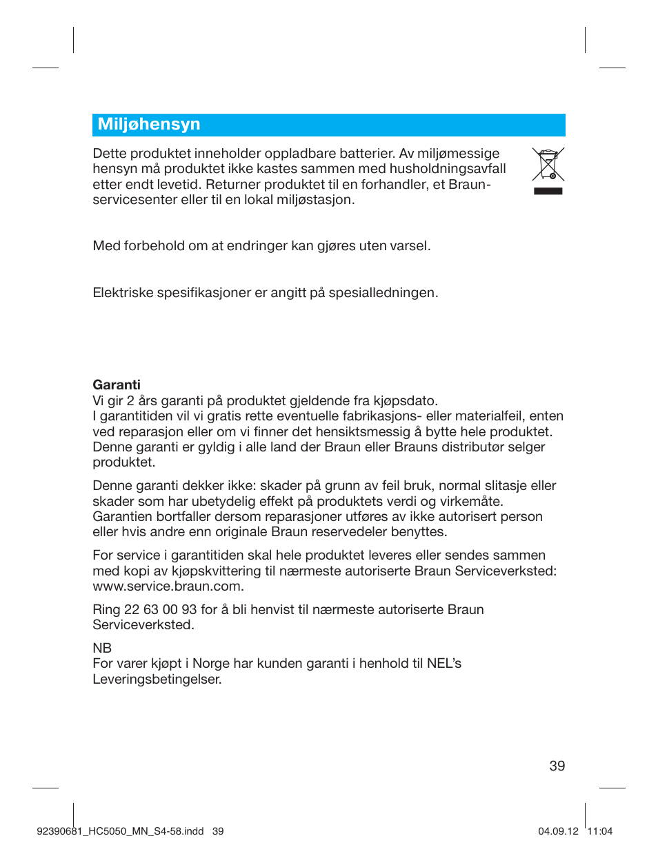 Miljøhensyn | Braun HC3050 Hair Clipper, Series 3, Series 5 User Manual | Page 39 / 55